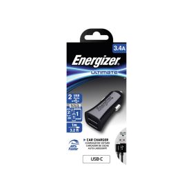 Energizer Car Charger 3.4A 2 USB + USB C To USB C