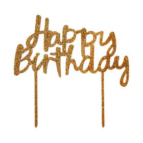 Hootyballoo Happy Birthday Acrylic Gold Cake Topper