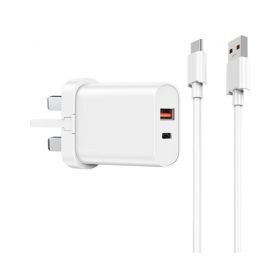 Wiwu 20W+18W Uk Fast Charger With Usb To Type-C Cable - White