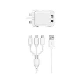Wiwu 2.1A Dual Usb Uk Fast Charger With 3 In 1 Cable - White