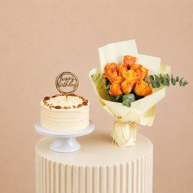 Rose Tangy Bouquet with Carrot Cake & Happy Birthday Acrylic Stick
