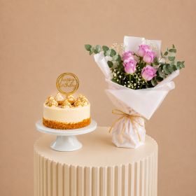 Classic Blush Bouquet with Lotus Cake & Happy Birthday Acrylic Stick