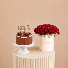 Blossom Red Rose with Tiramisu Cake & Happy Anniversary Acrylic Stick