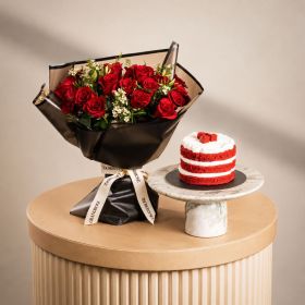 Crimson Rose Bouquet with Mini Red Velvet Cake