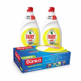 Fairy Plus Lemon Scent Dishwash Liquid + Sanita Vinyl Powder Gloves