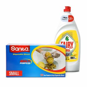 Fairy Lemon Dishwash Liquid + Sanita Vinyl Powder Gloves