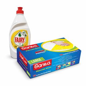 Fairy Lemon Dishwash Liquid + Sanita Vinyl Powder Gloves Large