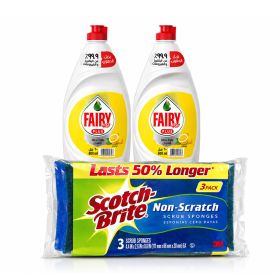 Fairy Plus Lemon Scent Dishwash Liquid + 3M Multipurpose Scrub