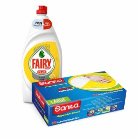 Fairy Lemon Dishwash Liquid + Sanita Vinyl Powder Disposable Gloves