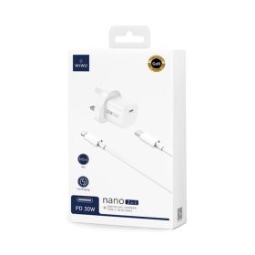 Wiwu Nano 2 In 1 Uk Fast Charger 30W With Type-C To Lightning Cable - White